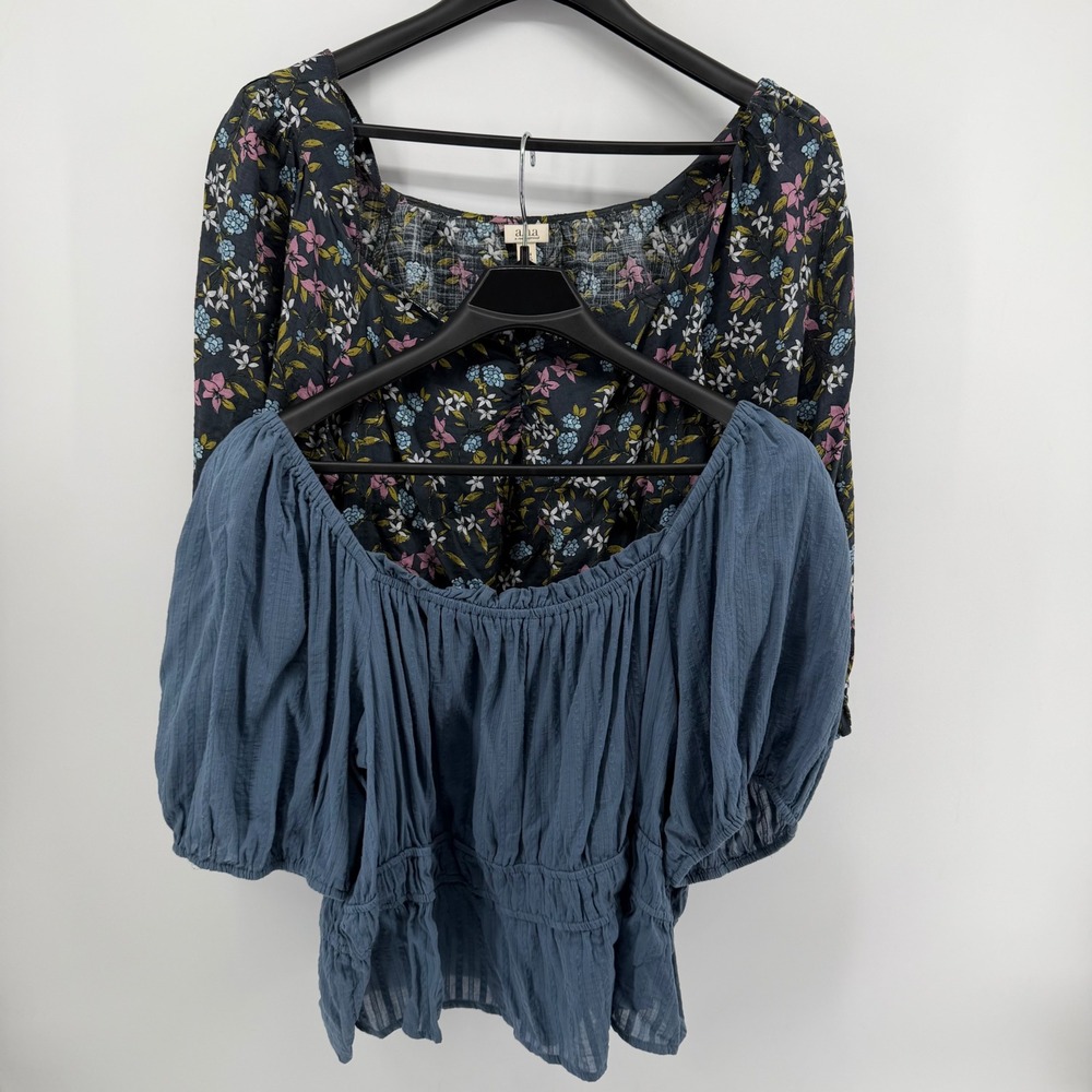 2 a.n.a Tops Women 2X Blue Black Floral Peplum Blouse peasant putt sleeve Boho